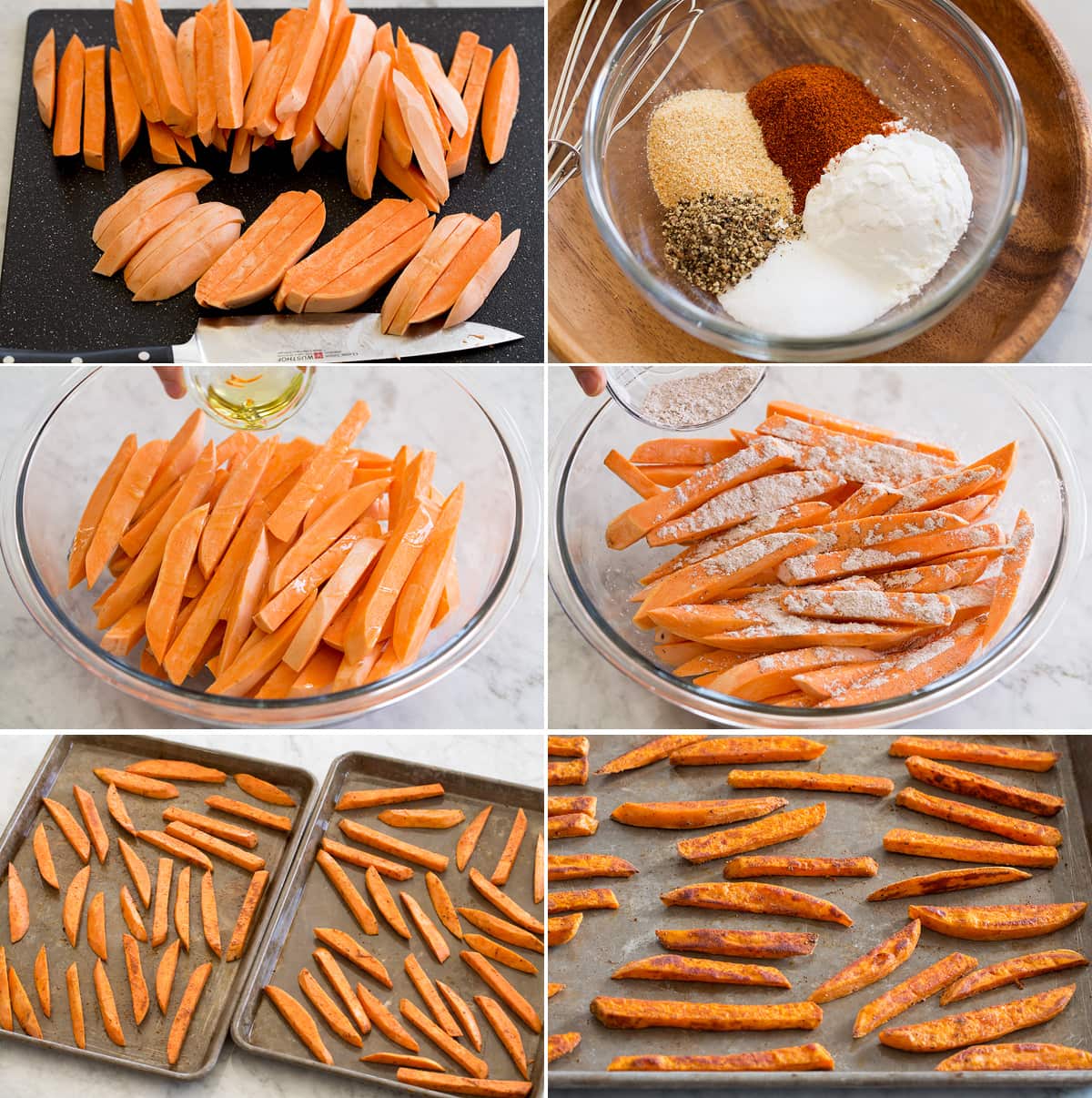 Collage of six images showing steps of cutting and preparing sweet potato fries.