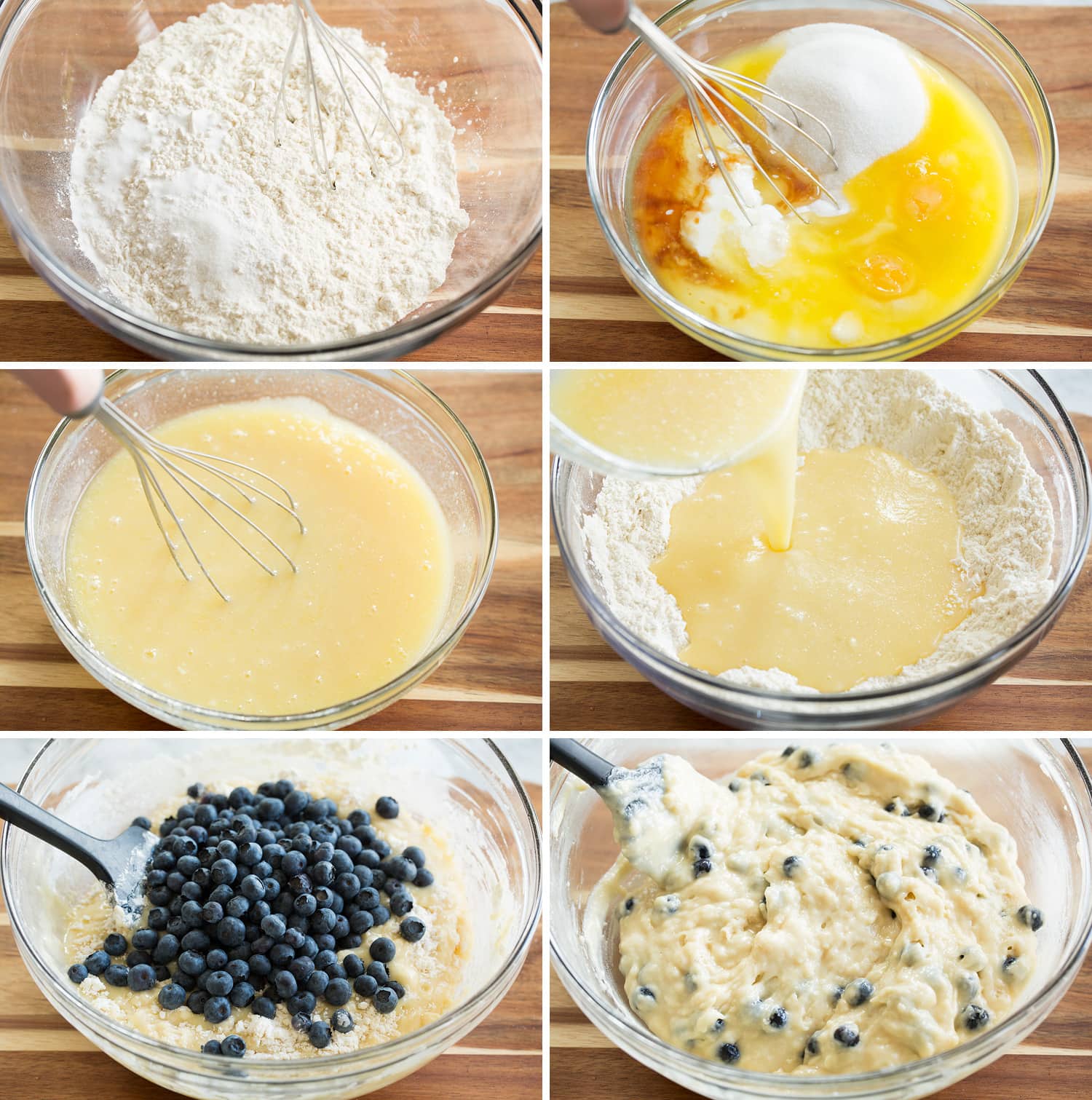 Steps of making blueberry muffin batter.