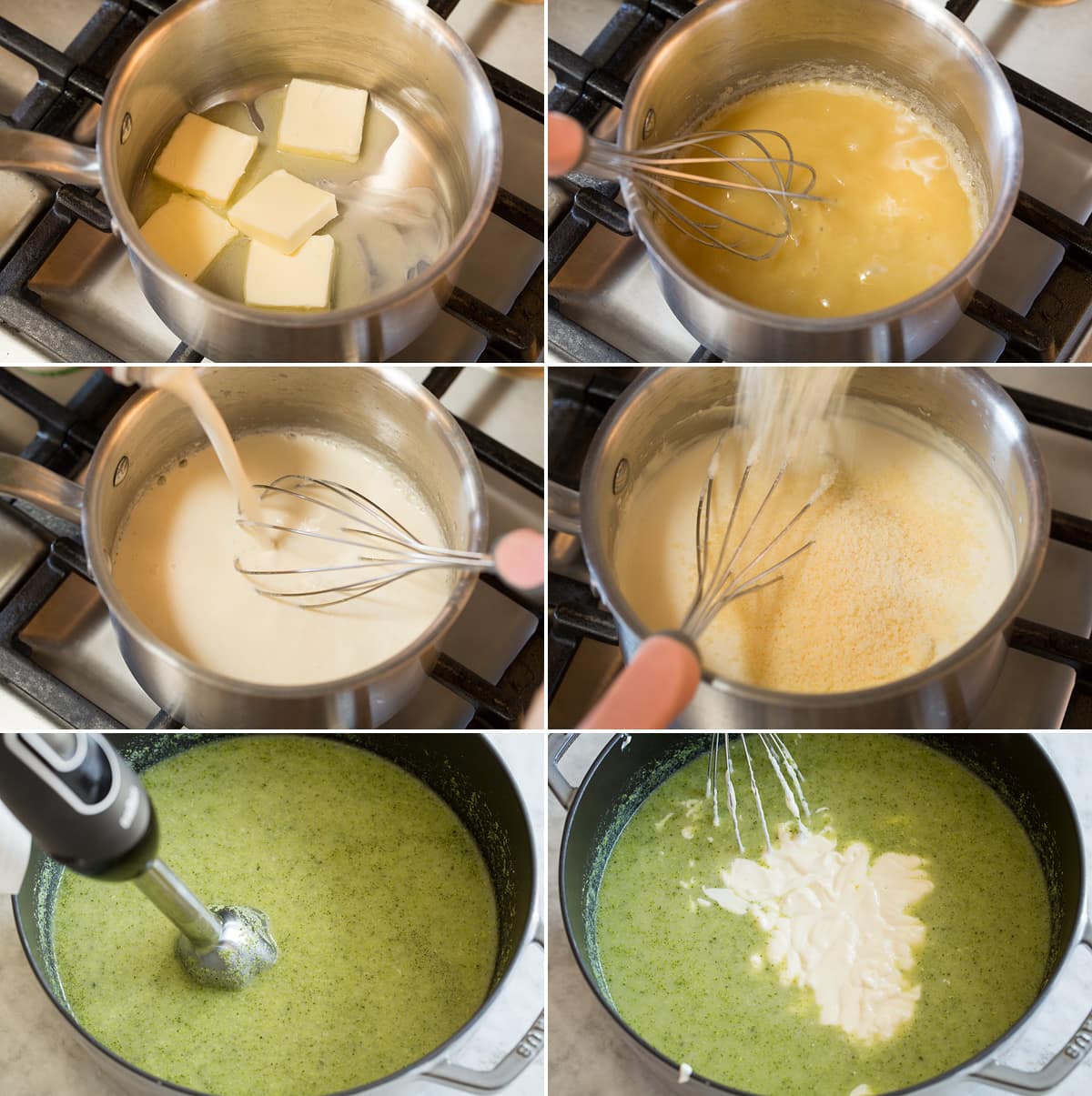 Steps of making white sauce in saucepan for cream of broccoli soup and adding to broccoli mixture in pot,