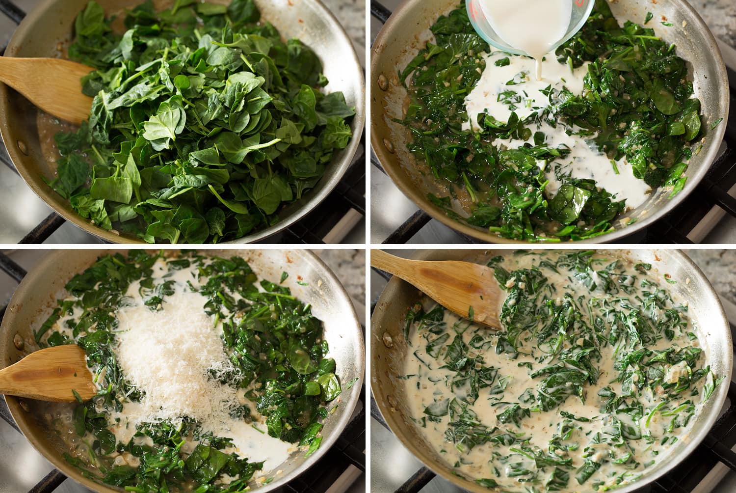 Four photos showing how to make spinach topping for chicken florentine.