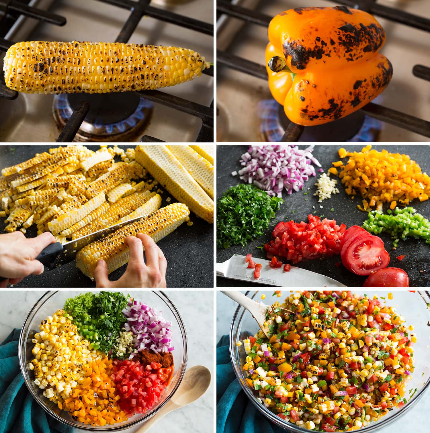 Collage of six steps showing how to make fresh corn salsa.