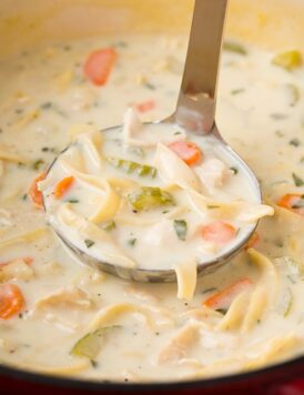 Creamy chicken noodle soup in a ladle