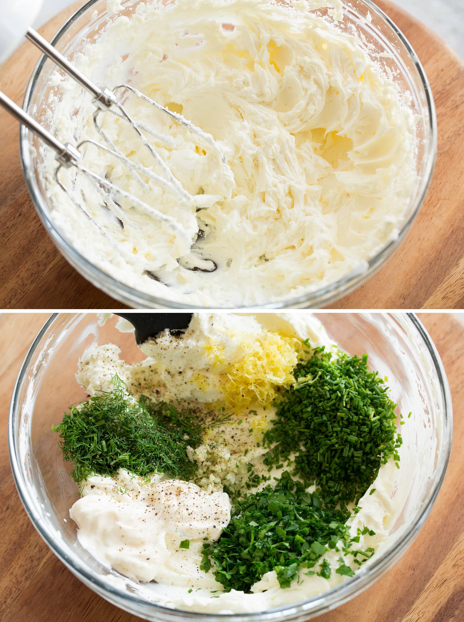 Mixing cream cheese with herbs and lemon.