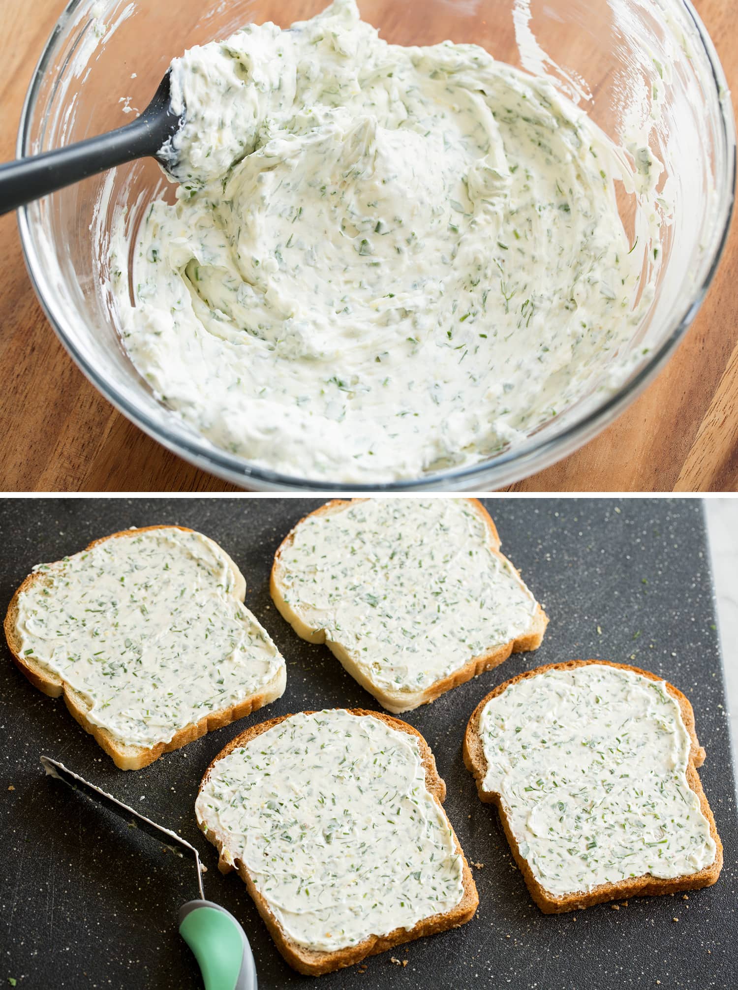 Spreading cream cheese filling on sandwiches.