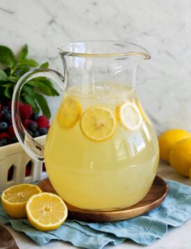 Lemonade in a large glass pitcher.