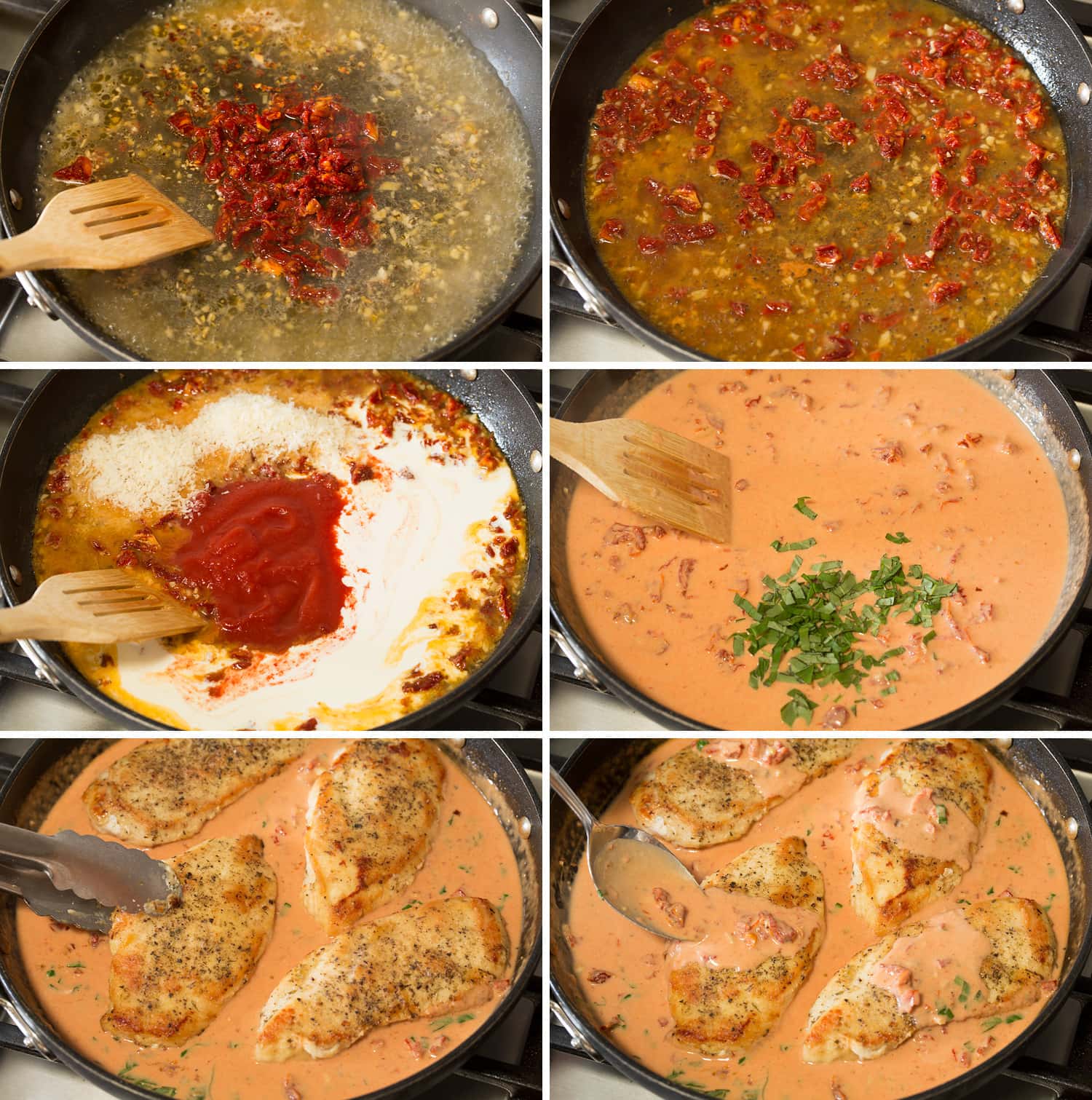 Six steps showing how to make marry me sauce.