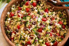 Orzo salad shown from the side.