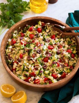 Orzo salad shown from the side.