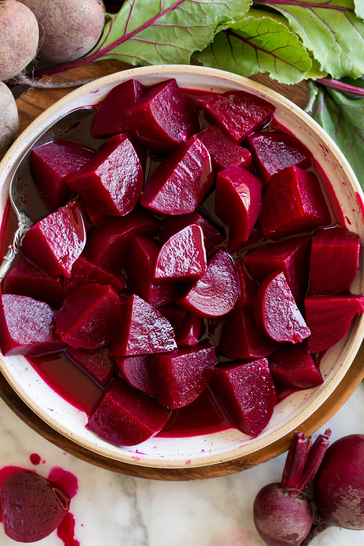 Overhead photo of fresh pickled beets.