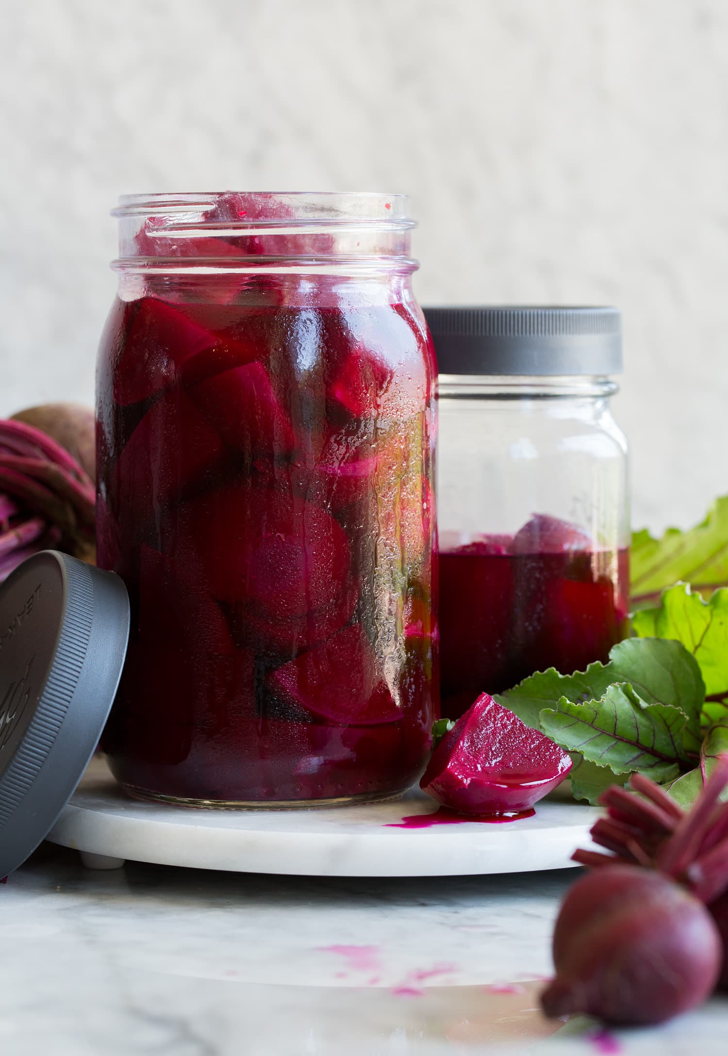 Refrigerator pickled beets in two jars.