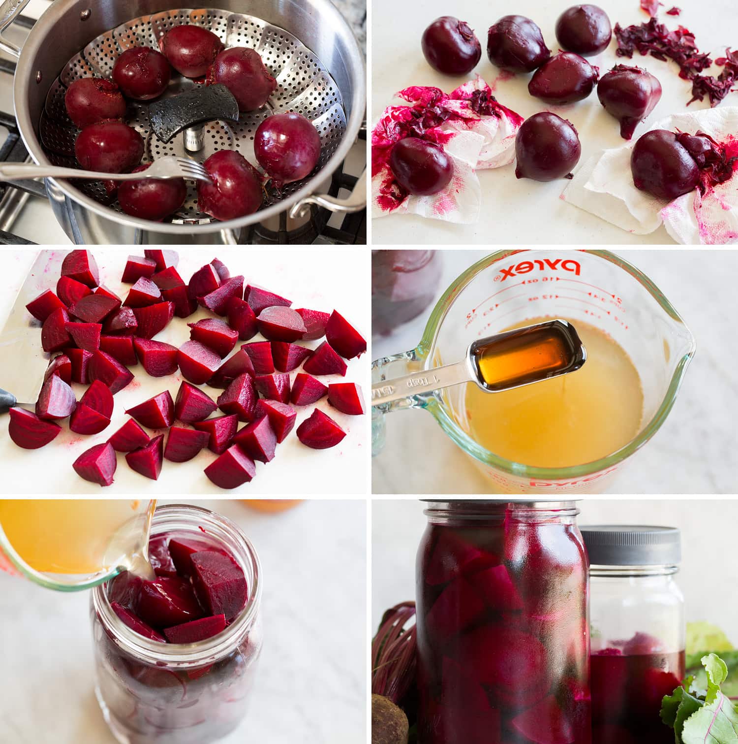 Steps showing how to make pickled beets.
