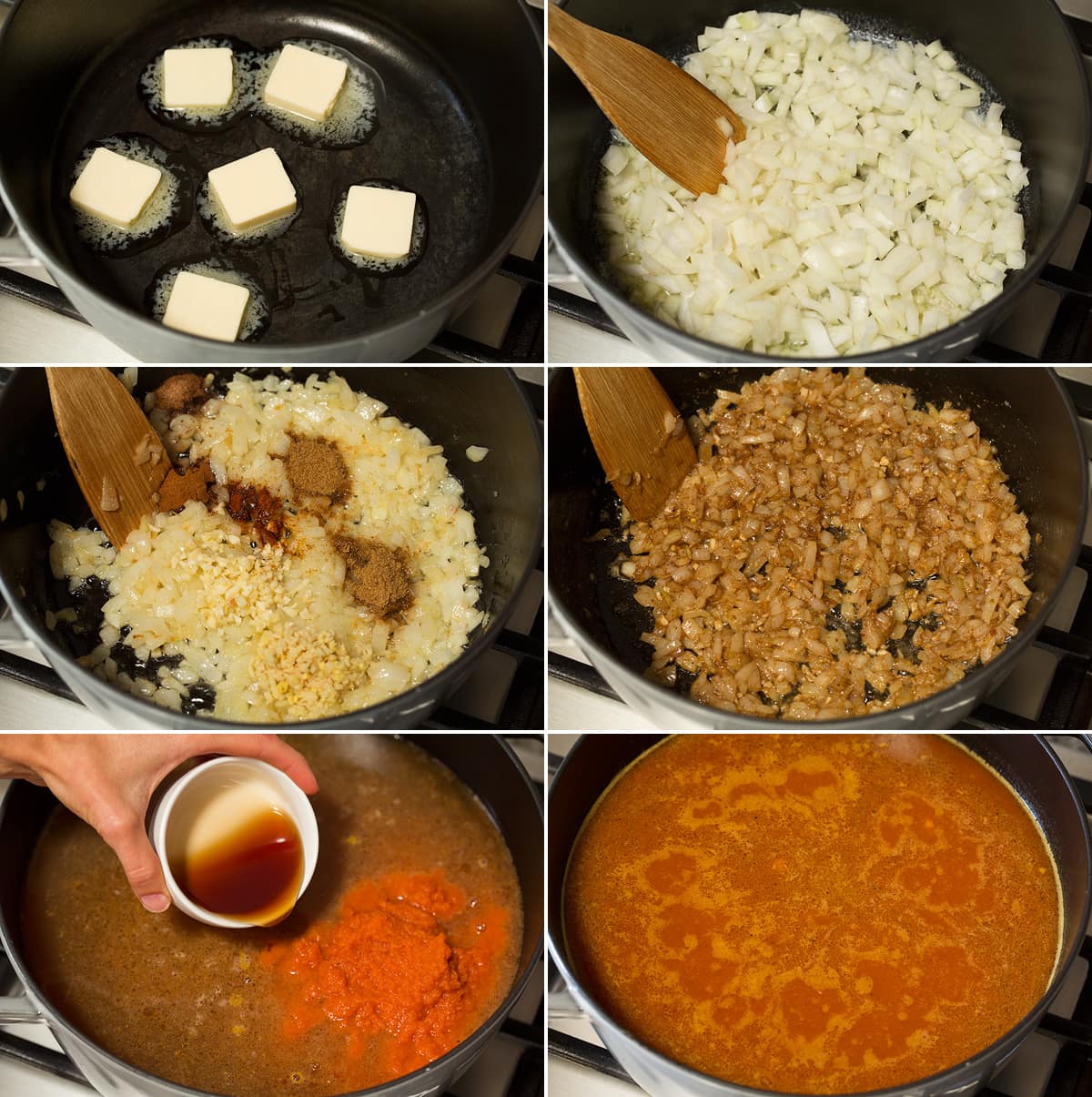 Six photos showing steps of sauteeing vegetables and spices in butter and adding pumpkin puree and broth to soup.