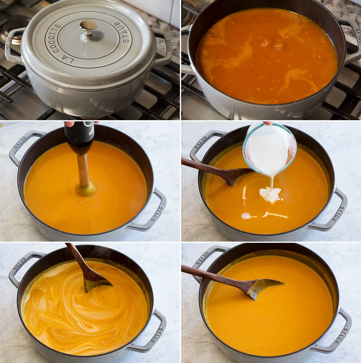 Six photos showing soup being simmered, then pureed with immersion blender, then heavy cream stirred in.