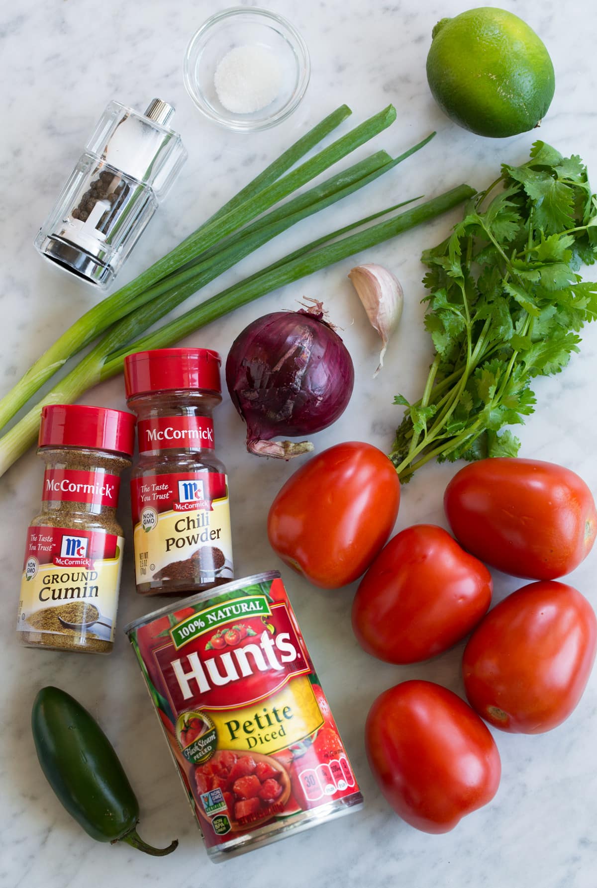 Ingredients needed to make salsa shown here on a marble countertop. Ingredients include roma tomatoes, canned tomatoes, cilantro, jalapeno, cumin, chili powder, red onion, green onion, garlic, lime, salt, pepper and sugar.