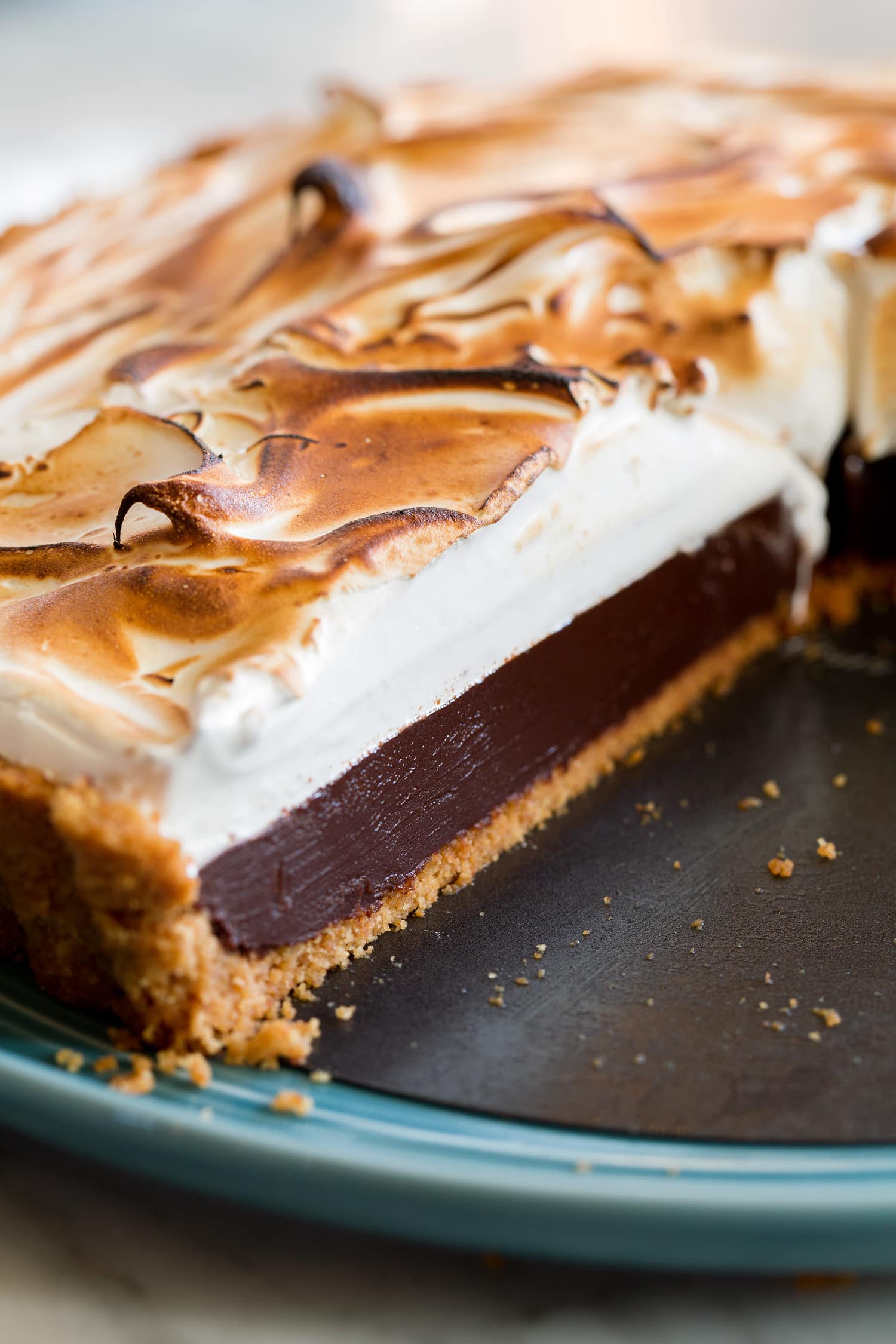 S'mores pie three layers shown close up.