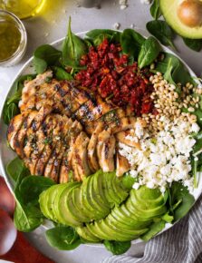 Grilled Chicken Sun Dried Tomato and Avocado Spinach Salad