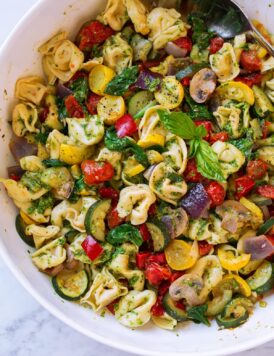 Cheese tortellini with pesto and roasted vegetables.